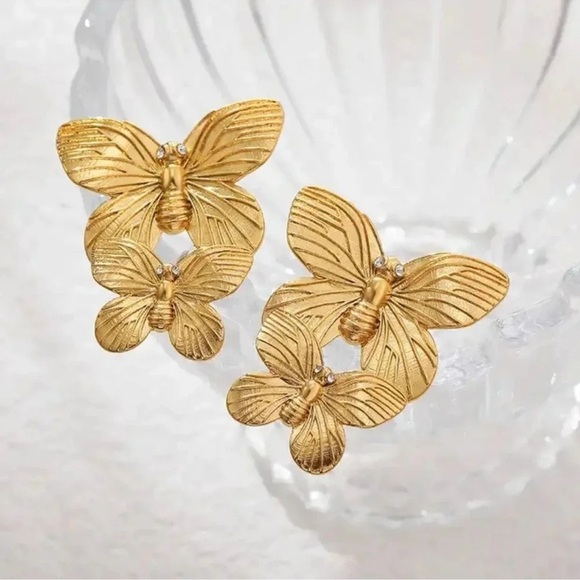 Anthropologie Butterfly Stainless Steel Gold Earrings - Picture 2 of 4